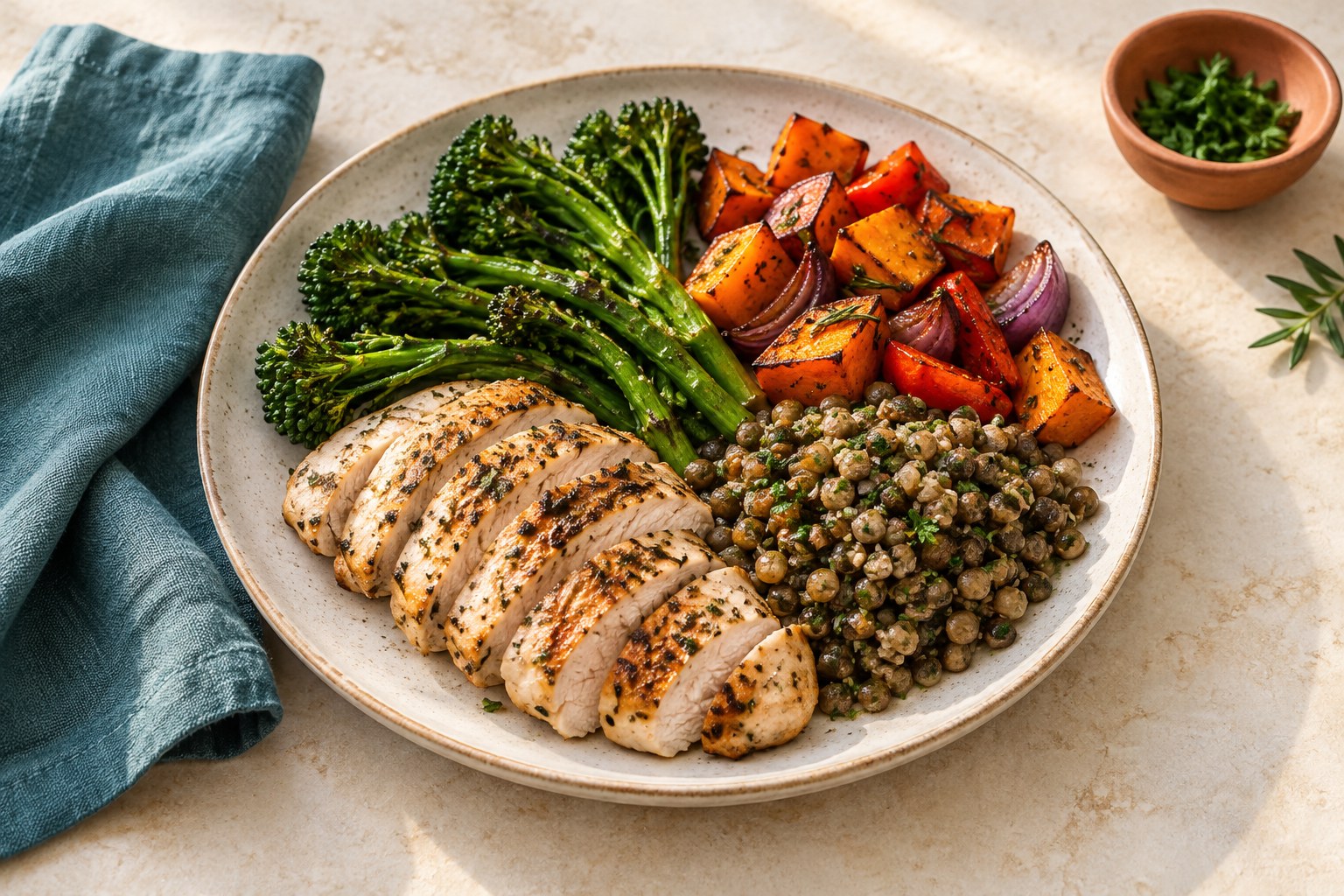Plato de pollo con vegetales y ensalada